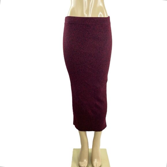 Maje Marled Bordeaux Midi Skirt Size L Red Maroon Sweater Rib Knit Form Fitting - Picture 2 of 9